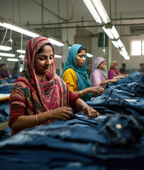 woman workers textile factory in a sweat shop in Bangladesh and India making sewing denim jeans