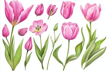 Obraz premium Watercolor set tulips png. Spring tulips with green leaves on a white background. Floral elements for wedding invitations and other designs. watercolor flowers 