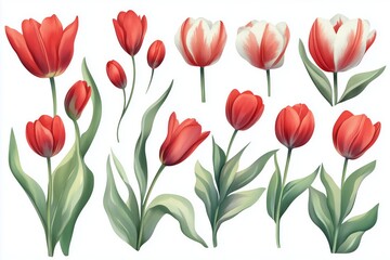Obraz premium Watercolor set tulips png. Spring tulips with green leaves on a white background. Floral elements for wedding invitations and other designs. watercolor flowers 