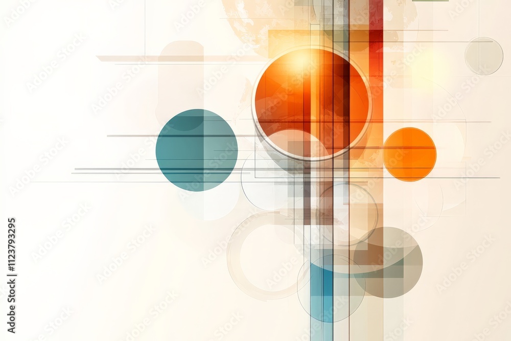 Poster abstract geometric design featuring vibrant circles and lines with warm tones and cool colors in a h