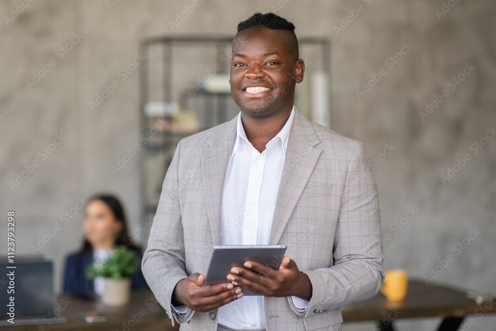 Poster Black guy in suit over group of professionals engage in collaborative discussions at an office meeting. They explore ideas and strategies while working on a project.