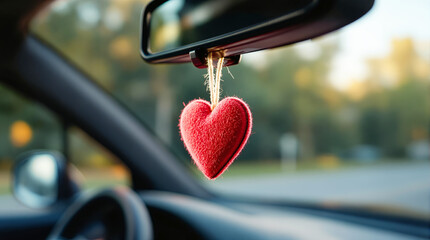 Stylish Car Interior with Heart-Shaped Air Freshener Dangling from Rear View Mirror
