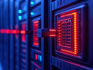 Obraz premium Fiber optic patch panel glowing in a high-tech server room, sleek and professional