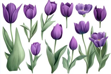 Fototapeta premium Watercolor set of violet tulips png. Spring violet tulips with green leaves on a white background. Floral elements for wedding invitations and other designs. violet watercolor flowers --ar 3:2 --v 6.1
