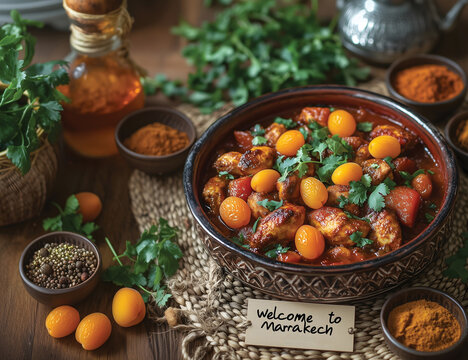 A vibrant chicken tagine with apricots and almonds, served in a traditional earthenware dish.  A small note attached that reads : Welcome to Marrakech