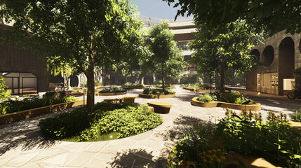 Obraz premium A sustainable public square with greenery, seating areas, and local markets.