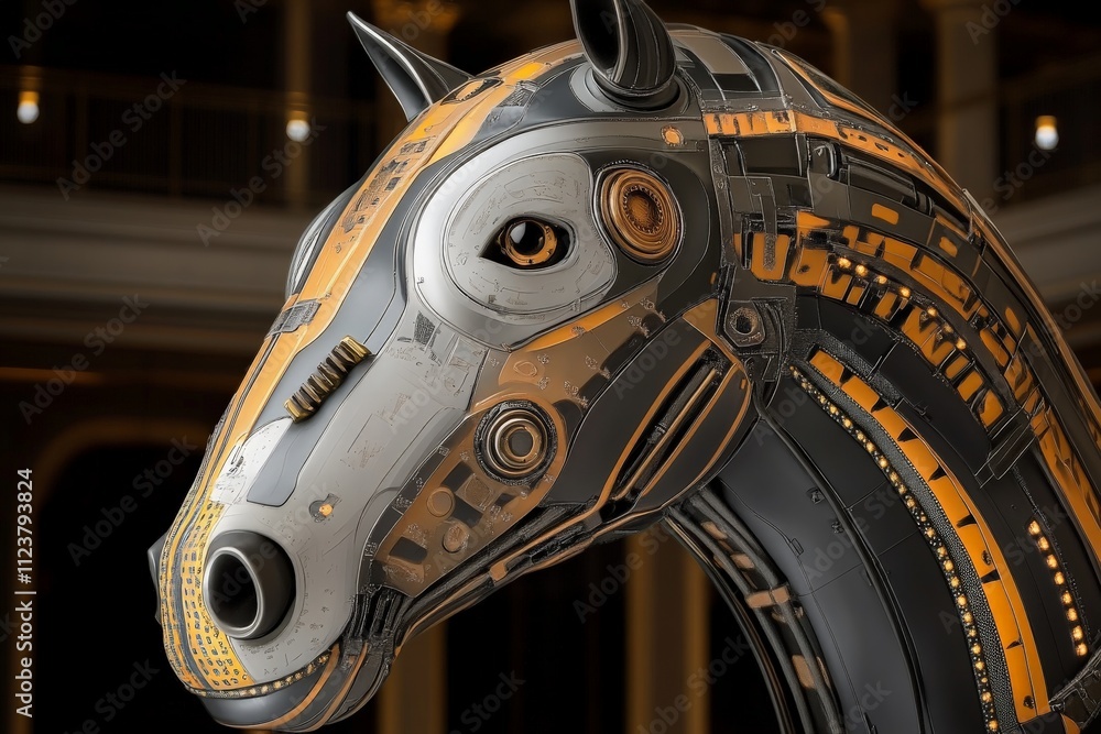 Poster modern robot horse sculpture displayed in an artistic gallery setting featuring intricate designs an