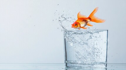   A goldfish in a glass with a splash on its head
