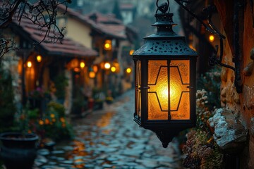 Warm glow of lanterns illuminating a cobblestone street in a quaint village at dusk