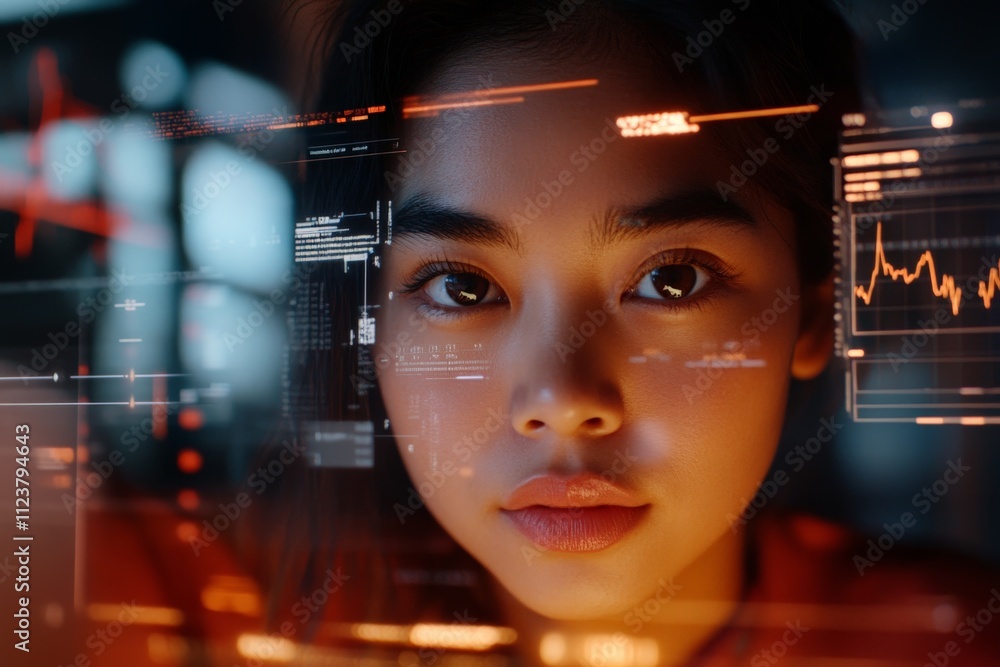 Poster young woman deeply focused on digital interface during late night coding session in a tech workspace