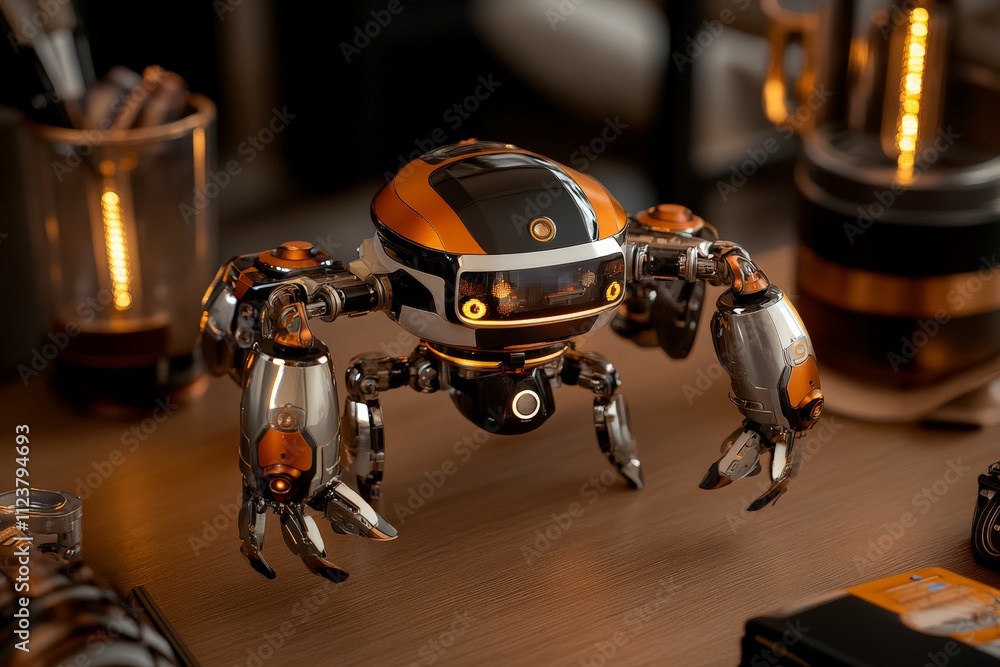 Poster robot with metallic arms showcases advanced technology on a wooden table for an innovative demonstra