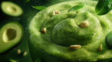 Fototapeta premium A green smoothie with avocado and nuts on top