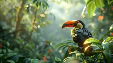 Lush Tropical Rainforest with Toucan Perched Amidst Streaming Sunlight