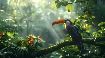 Lush Tropical Rainforest with Toucan Perched Amidst Streaming Sunlight
