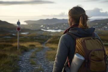 Fototapeta premium Exploring scenic trails at sunset in the mountains with a hiker carrying a backpack