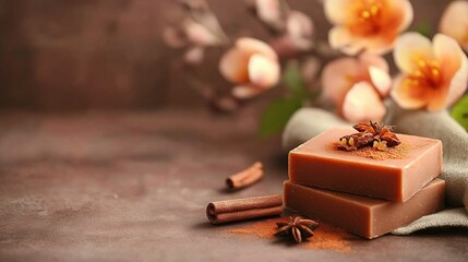   A soap bar rests atop a table amidst cinnamon and star anise