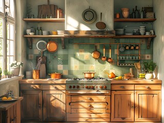 Cozy Vintage-Style Kitchen with Rustic Wooden Cabinets and Copper Cookware
