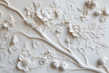 Intricate white relief design featuring floral and botanical elements on a textured background