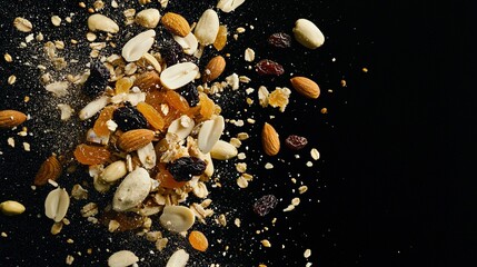Fototapeta premium A blend of nuts, raisins, almonds, and cranberries atop a dark background