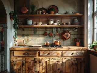 Cozy Vintage-Style Kitchen with Rustic Wooden Cabinets and Copper Cookware