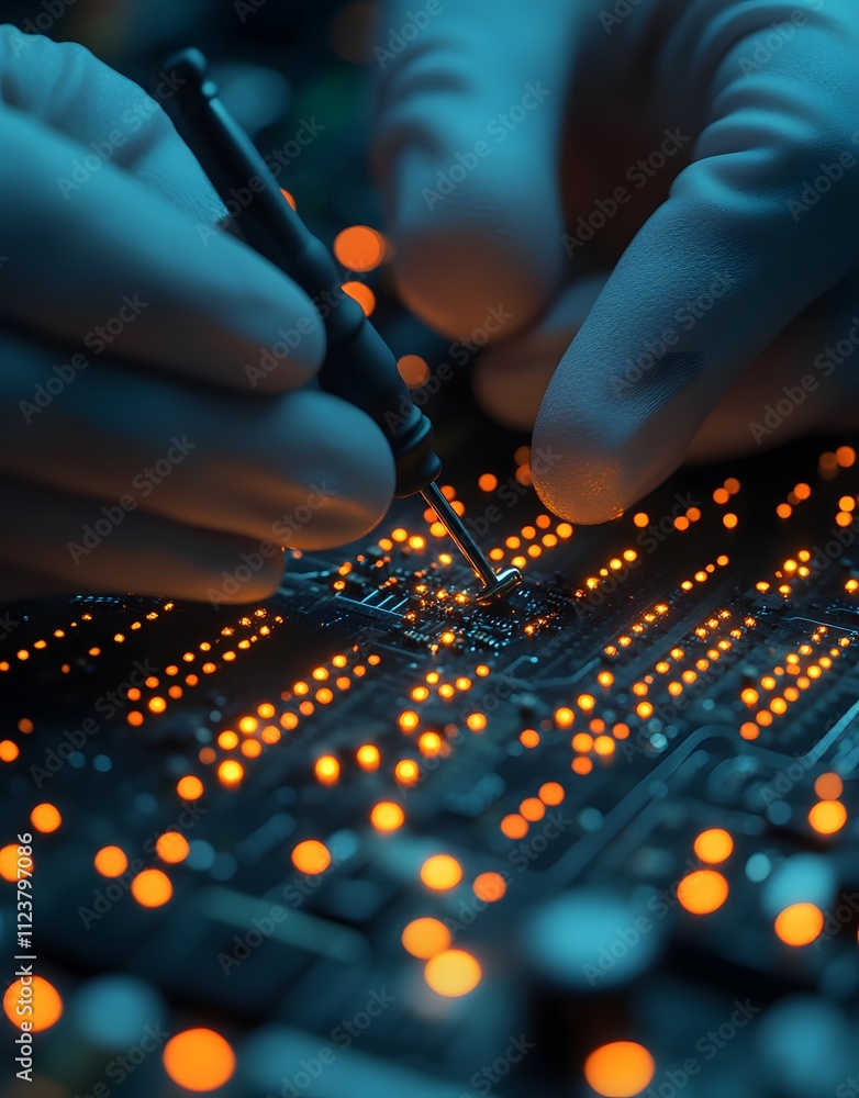 Poster close-up of a technician working on a circuit board with glowing components.