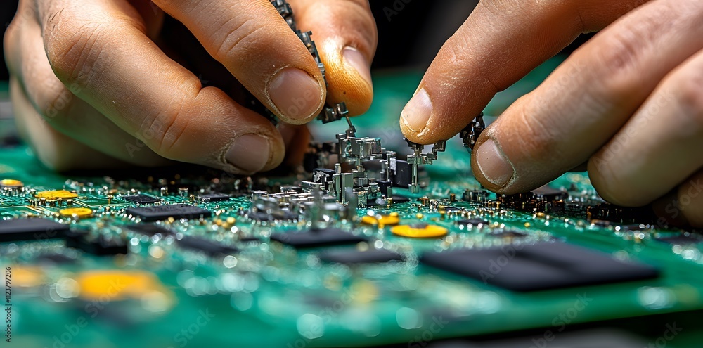 Poster close-up of hands assembling components on a green circuit board.
