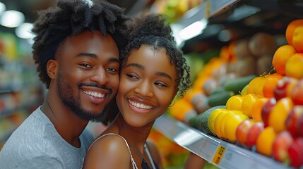 Young Couple Shopping for Fresh Produce in a Modern Supermarket