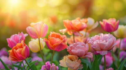 Fototapeta premium Colorful tulips blooming in a vibrant garden with a warm sunlight background, showcasing a variety of pink, orange, and yellow flowers, perfect for spring themes