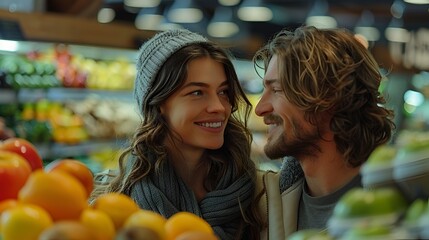 Young Couple Shopping for Fresh Produce in a Modern Supermarket
