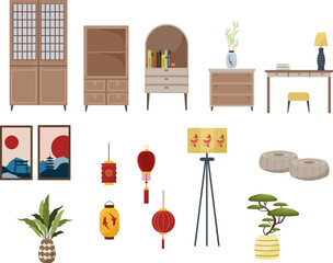 set of furniture of oriental interior. Wardrobe, bedside table, table and floor lamp. Bookcase. Paintings, Japanese lanterns. Bonsai and flowers. Vector illustration