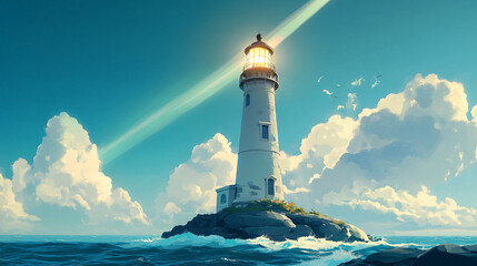 A towering lighthouse of steel and light, its electric beam stretching far over the ocean waves.