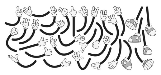Retro cartoon feet and hands comic doodles in different poses, gestures and actions isolated set © wooster
