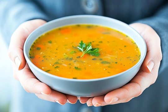  Un bol de sopa de verduras caliente sostenido por unas manos, decorado con perejil fresco.
