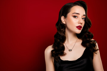 Photo of stunning adorable fashionable lady singer celebrity promo empty space isolated on red...