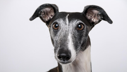 Retrato de frente de un perro de caza de raza galgo mirando a camara sobre fondo blanco