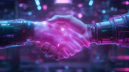 Two robotic hands shaking hands, glowing neon pink light.
