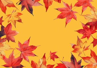 Fototapeta premium autumn leaves, fall colors, seasonal background, vibrant foliage, orange backdrop, nature frame, red and yellow leaves in a circular layout, colorful design, warm hues of autumn, seasonal decor