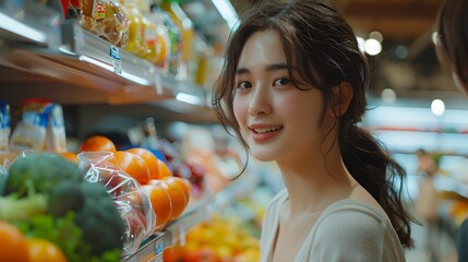 Young Couple Shopping for Fresh Produce in a Modern Supermarket