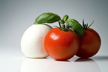  Tomates frescos y mozzarella decorados con hojas de albahaca sobre un fondo minimalista.
