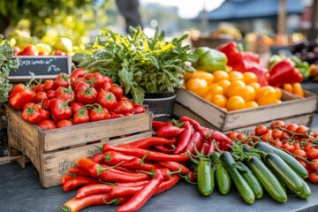  Variedad de pimientos, tomates, calabacines y hierbas frescas expuestos en cajas de madera en un mercado al aire libre.
