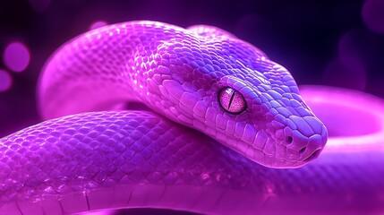 Fototapeta premium Realistic snake glowing neon light purple and blue background picture