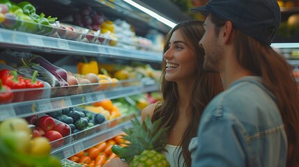 Young Couple Shopping for Fresh Produce in a Modern Supermarket