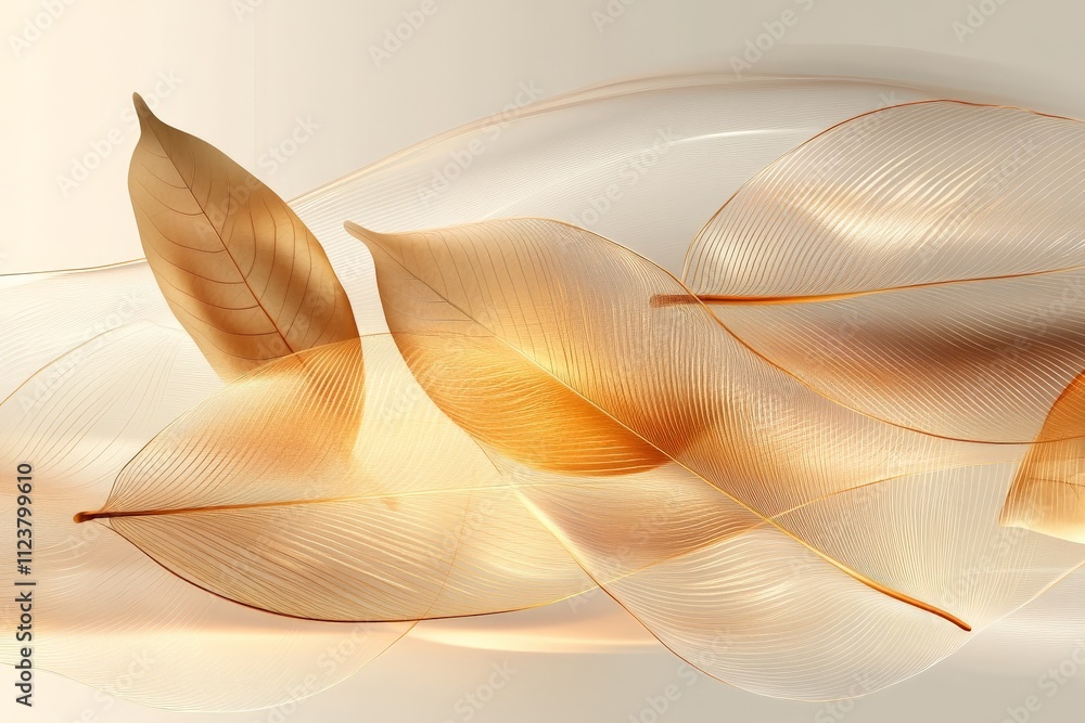 Poster soft golden leaves float gracefully on a warm, subtle background creating an ethereal atmosphere