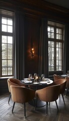 Obraz premium Elegant dining room table set for dinner with candles and soft, inviting lighting above