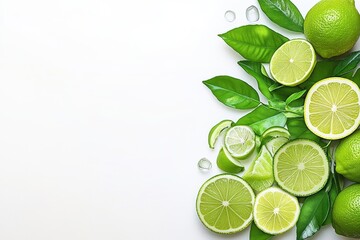  Limas frescas, sus rodajas y hojas verdes, con gotas de agua que resaltan la frescura, colocadas en un dise&ntilde;o minimalista.
