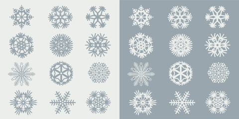 A set with snowflakes on a light and dark background in a vector. Snowflakes for design. Snowflake as a decorative element at Christmas and New Year.