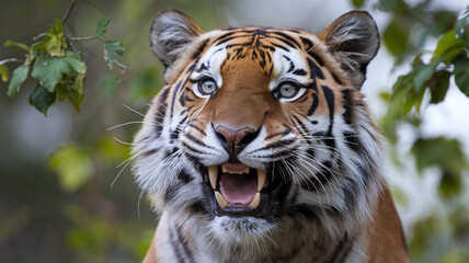 Fototapeta premium Closeup Portrait of a Growling Tiger with Blurred Background