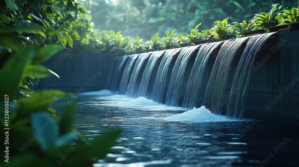 Poster serene waterfall cascading into a tranquil pool surrounded by greenery.