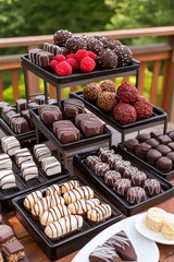  Una mesa llena de bandejas con diferentes variedades de bombones de chocolate y trufas, decoradas con frambuesas y servidas al aire libre. 