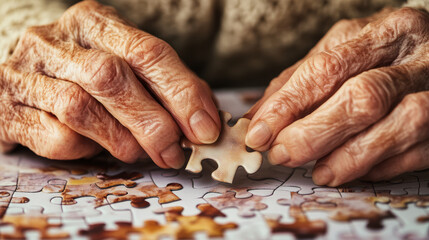 Elderly hands holding a jigsaw puzzle piece over a partially completed puzzle